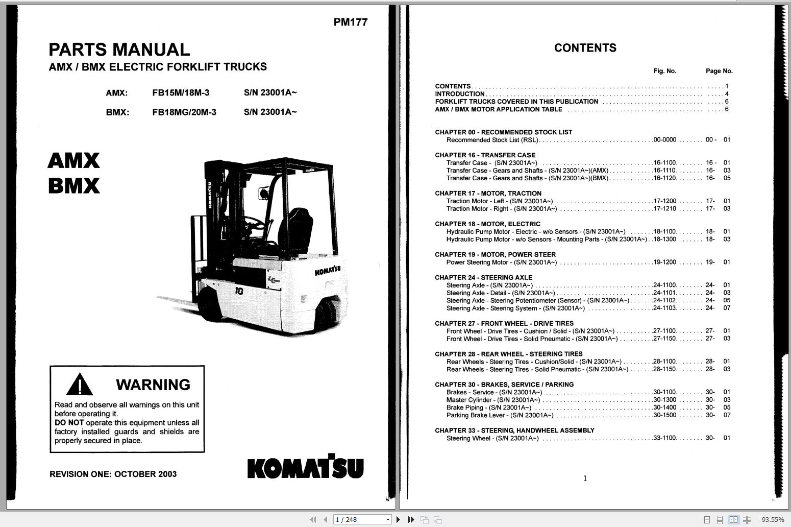 Komatsu Forklift Truck FB18M3 23001A & up Part Manual PM177