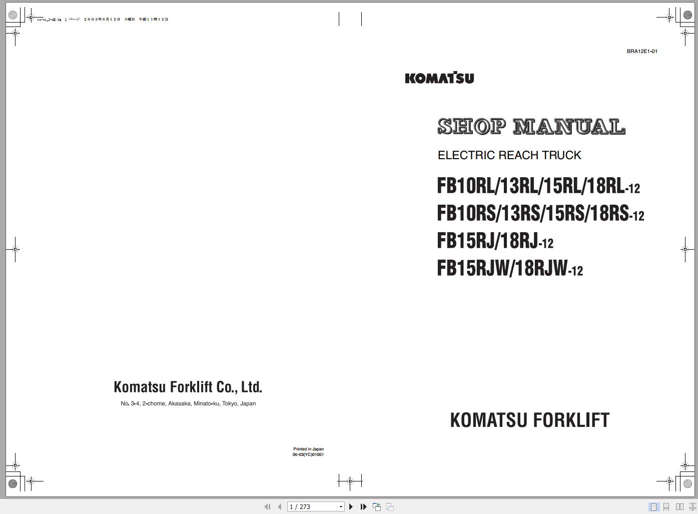 Komatsu Forklift Truck FB18RS 12 85001 up Shop Manual BRA12E1 01 1