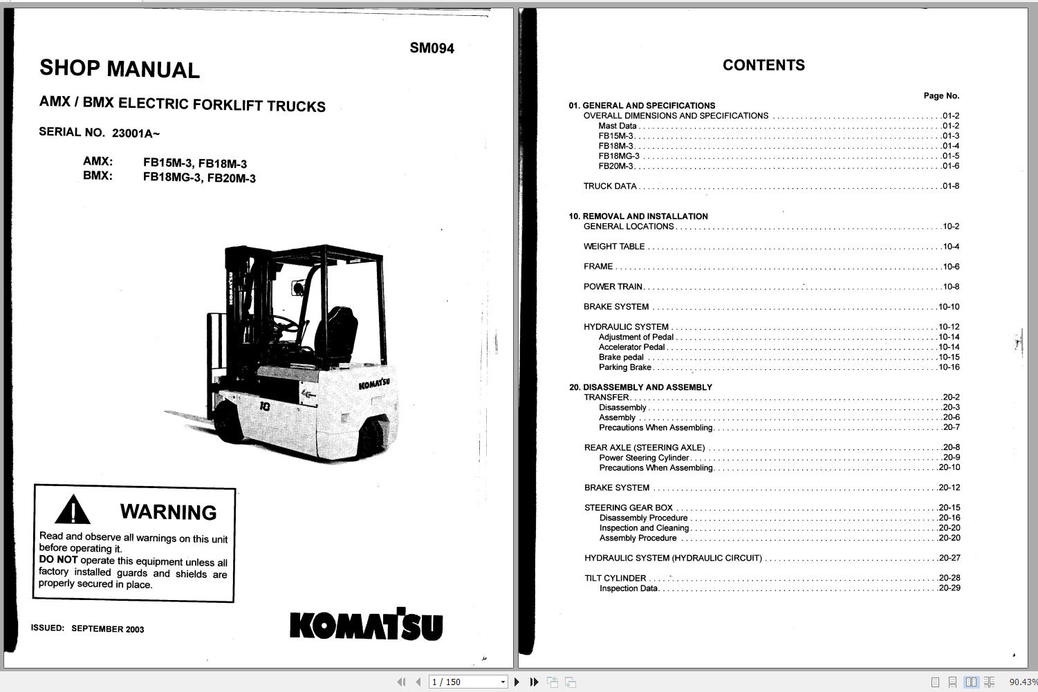 Komatsu Forklift Truck FB20M3 23001A & up Shop Manual SM094