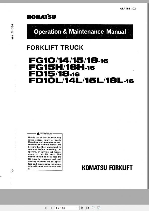Komatsu Forklift Truck FD18L 16 622001 up Operation Maintenance Manual AEA16E1 02 1
