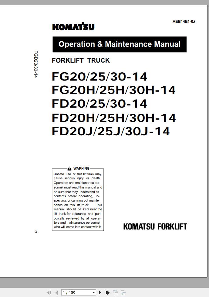 Komatsu Forklift Truck FD20J14 11222 & up Operation & Maintenance