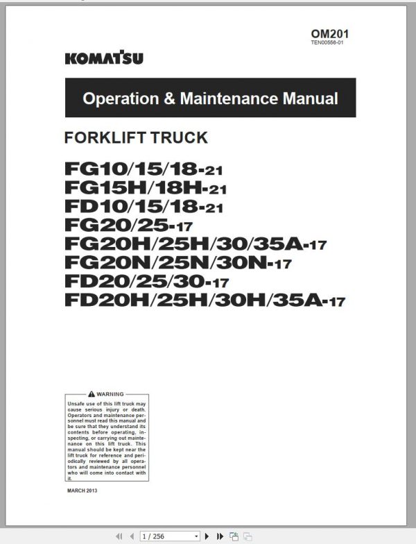 Komatsu Forklift Truck FD30H 17 M231 300001 up Shop Manual OM201 TEN00556 01 1