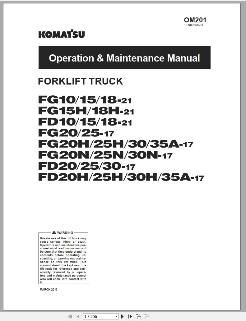 Komatsu Forklift Truck FD30H 17 M231 300001 up Shop Manual OM201 TEN00556 01 1