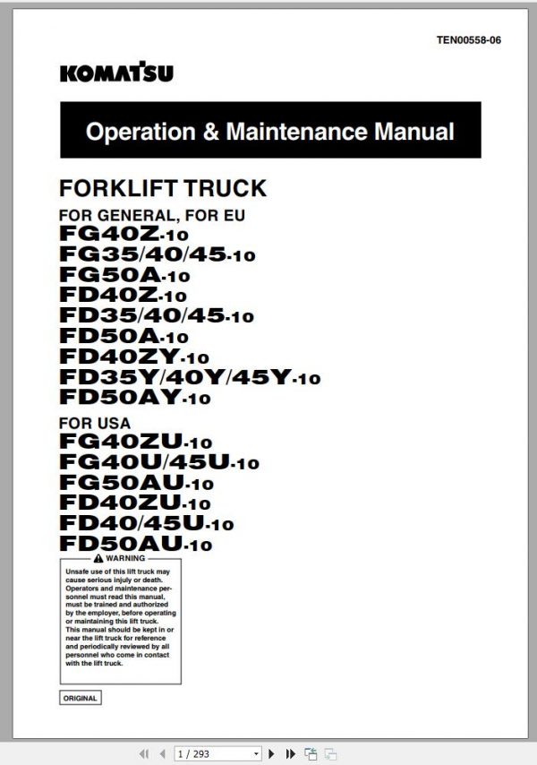 Komatsu Forklift Truck FD35Y 10 M252 135548 up Operation Maintenance Manual TEN00558 06 1