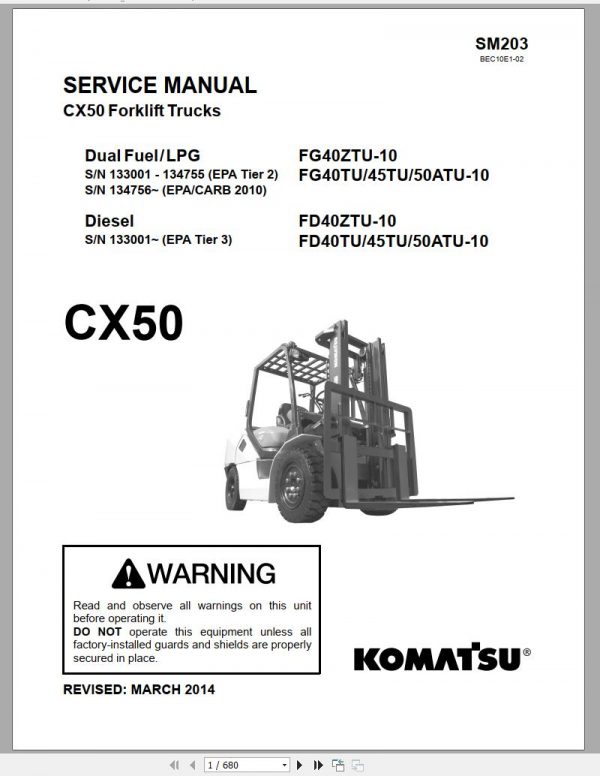 Komatsu Forklift Truck FD40TU 10 133001 up Shop Manual SM203 1