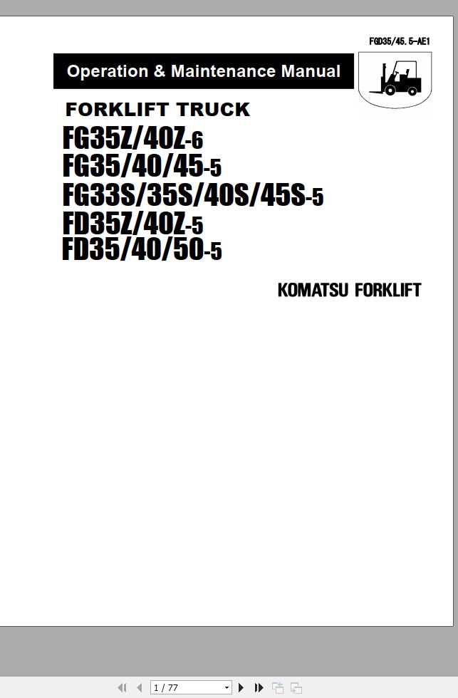 Komatsu Forklift Truck FD45 5 30001A up Operation Maintenance Manual FGD35 45 1