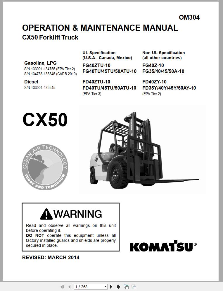 Komatsu Forklift Truck FD45TU 10 133001 up Operation Maintenance Manual OM304 1