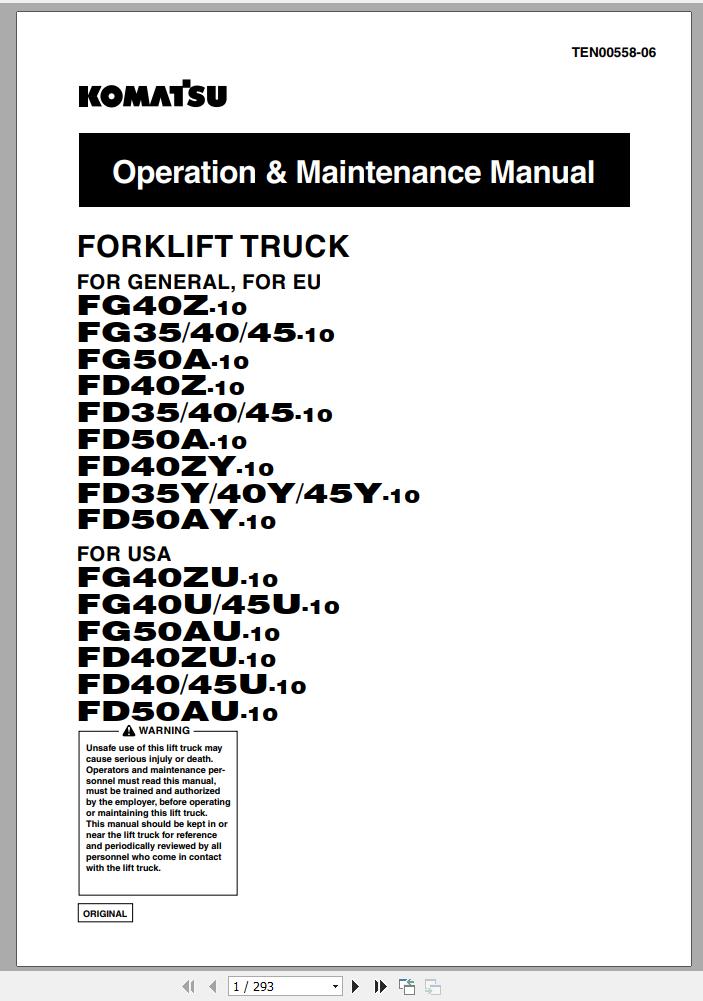 Komatsu Forklift Truck FD45Y 10 M252 135548 up Operation Maintenance Manual TEN00558 06 1