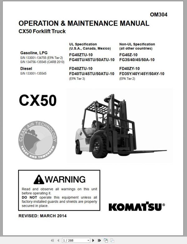 Komatsu Forklift Truck FD50ATU 10 133001 up Operation Maintenance Manual OM304 1
