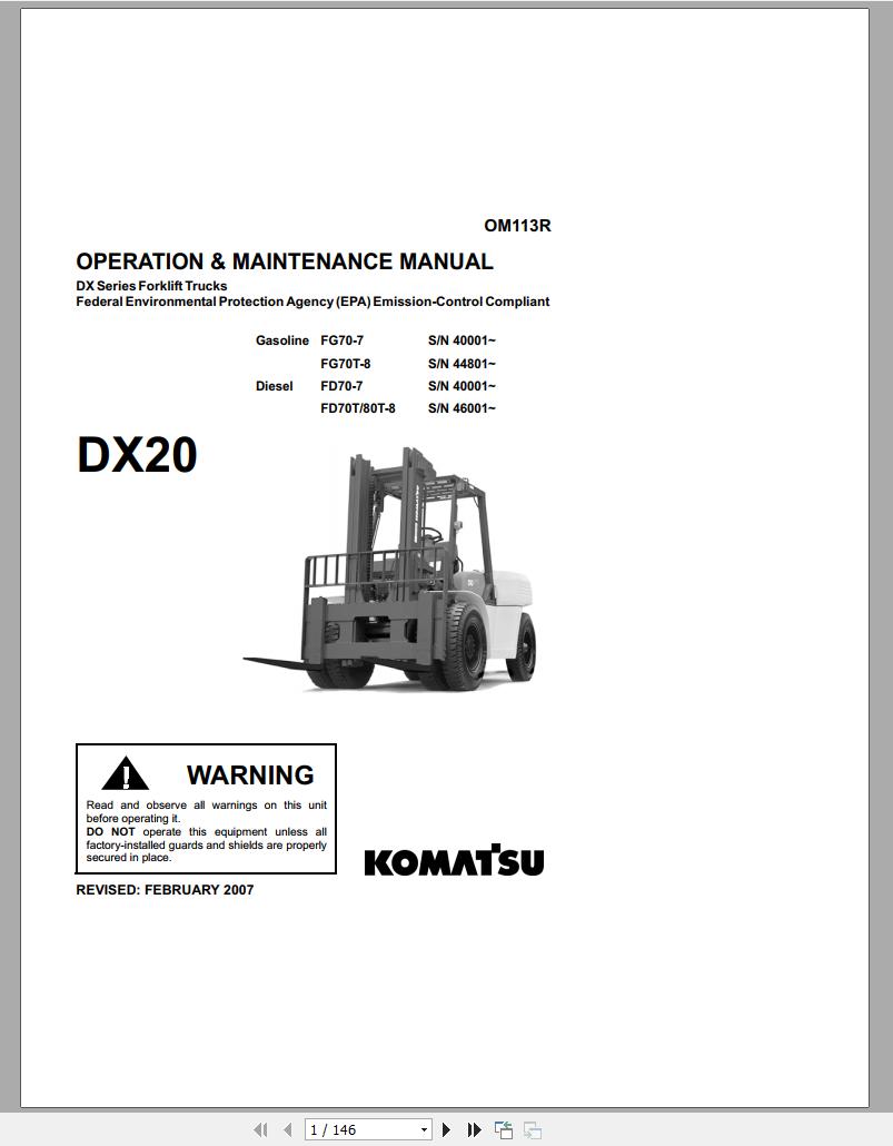 Komatsu Forklift Truck FD50ET 7 DX 20 Series Operation Maintenance Manual OM113R 1
