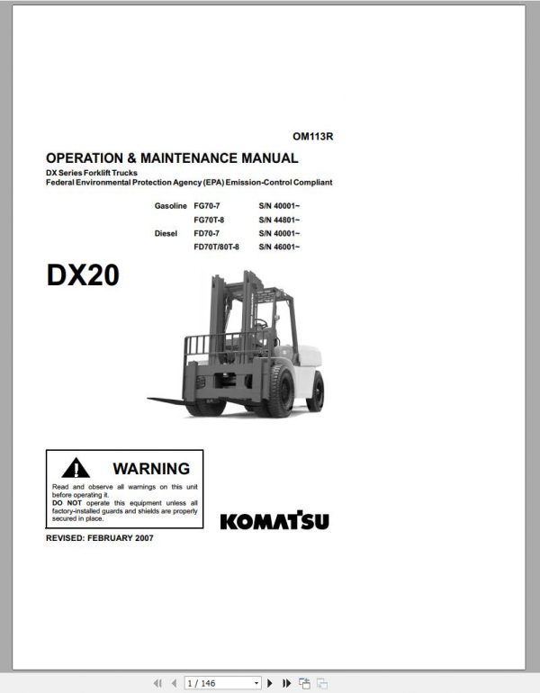 Komatsu Forklift Truck FD50T 7 DX20 Series Operation Maintenance Manual OM113R 1