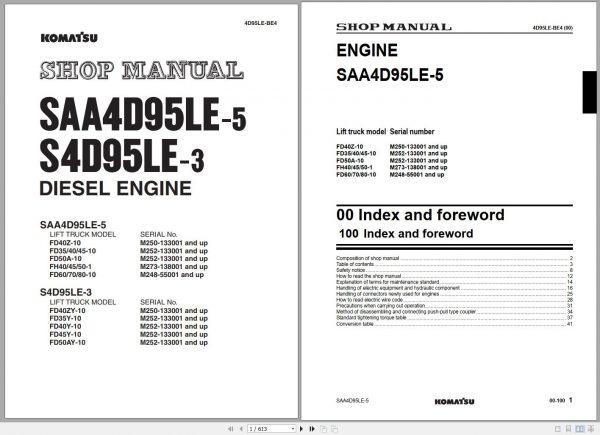 Komatsu Forklift Truck FD70 10 Engine SAA4D95LE 5 55001 up Shop Manual 4D95LE BE4 1