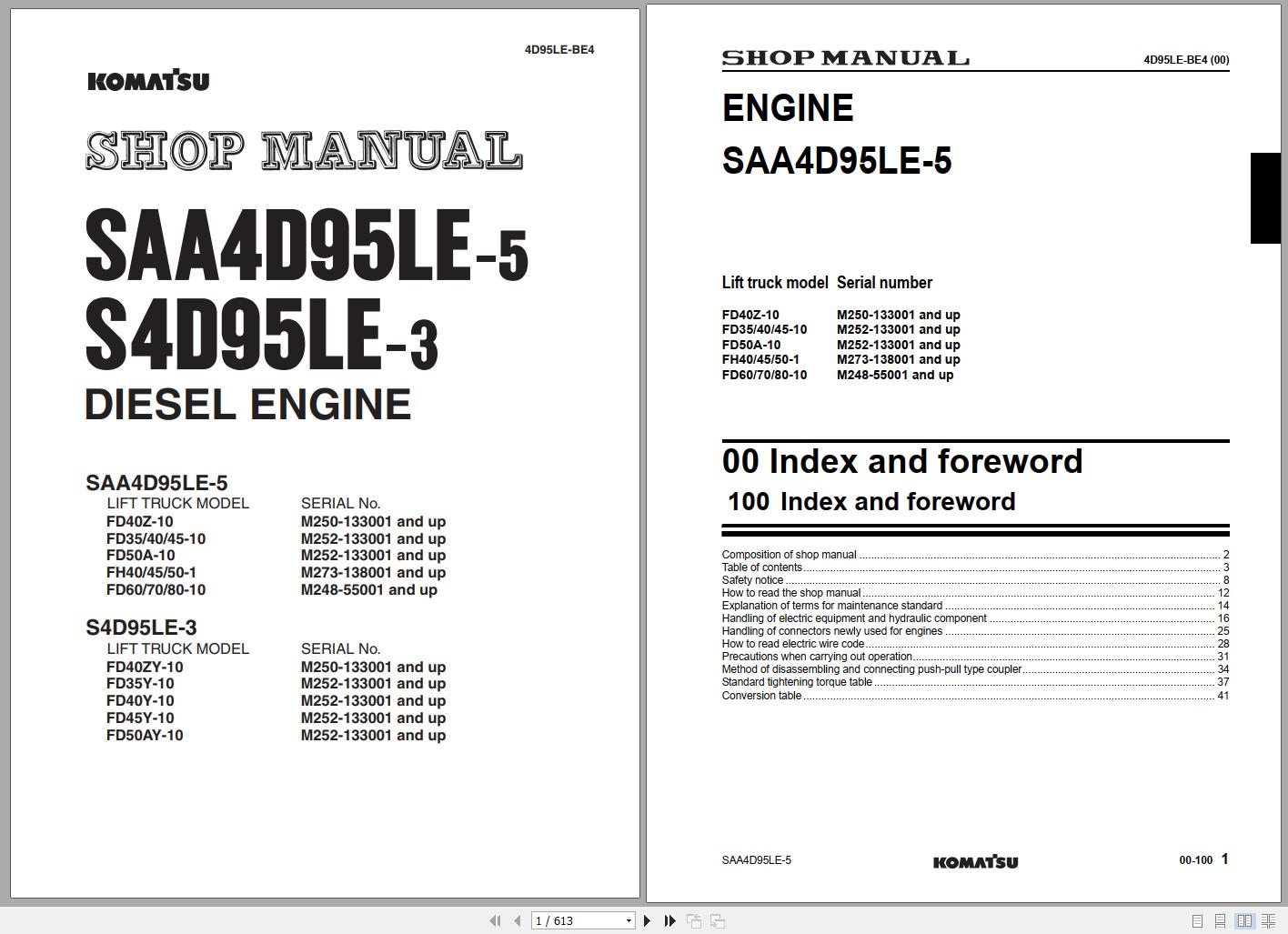 Komatsu Forklift Truck FD70 10 Engine SAA4D95LE 5 55001 up Shop Manual 4D95LE BE4 1