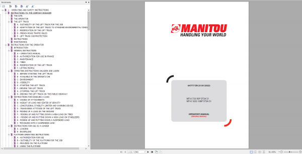 Manitou Telehandler MT X 733 Repair Manual Operators Manual and Part Manual 1
