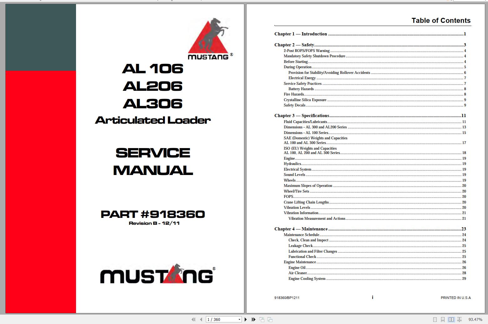 Mustang Articulated Loader AL106 AL206 AL306 Service Manual 918360B 12 1