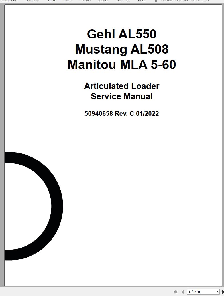 Mustang Articulated Loader AL550 AL508 MLA 5 60 Service Manual 50940658C 01 1