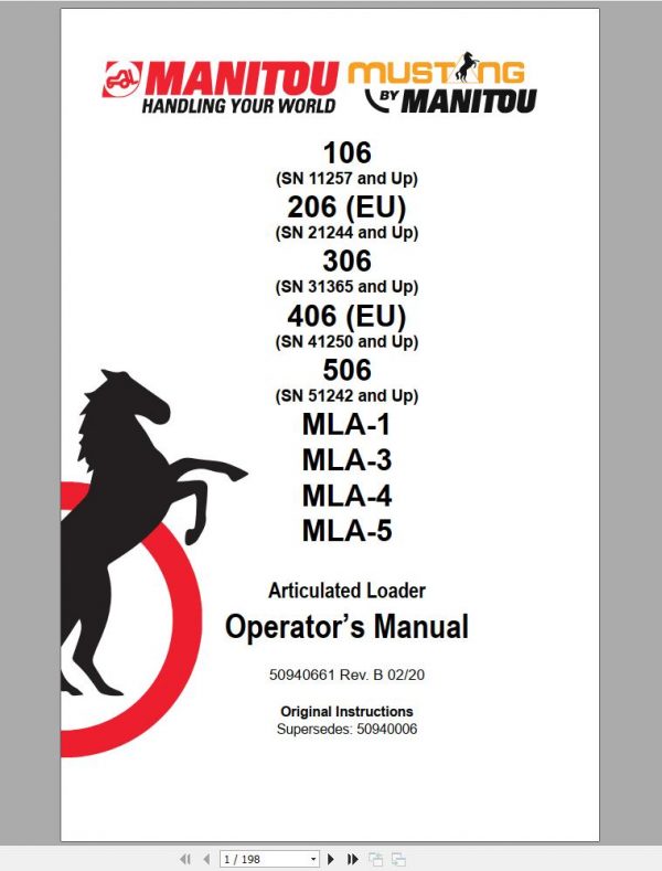 Mustang Articulated Loaders AL106 AL206EU AL306 AL406EU AL506 MLA 1 MLA 3 MLA 1