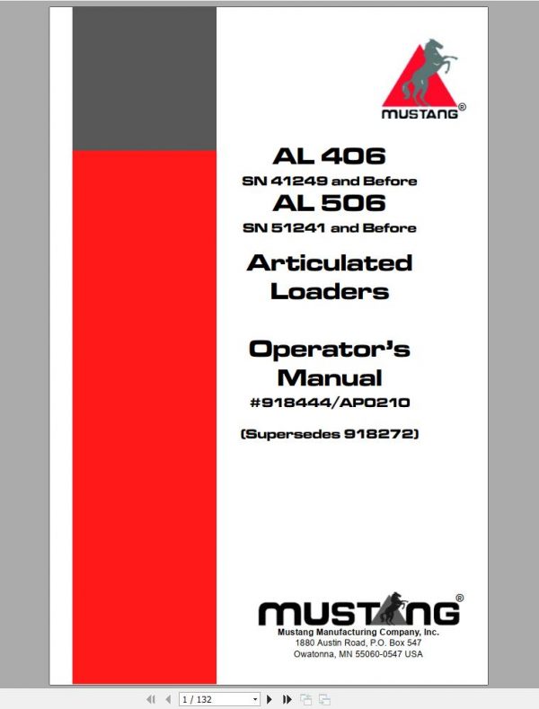 Mustang Articulated Loaders AL406 AL506 Operators Manual 918444A 1