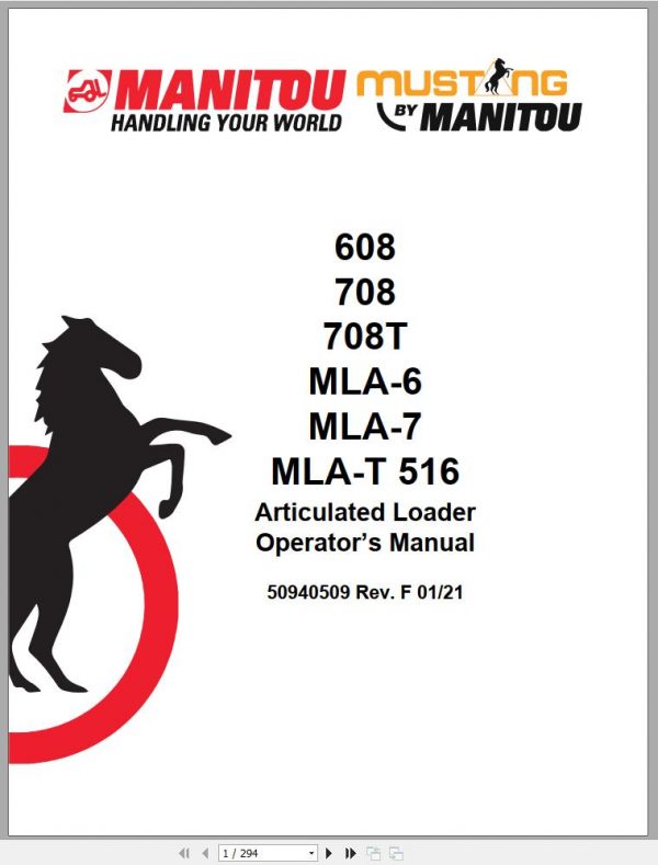 Mustang Articulated Loaders AL608 AL708 AL708T MLA 6 MLA 7 MLA T 516 Operators Manual 50940509F 01 1