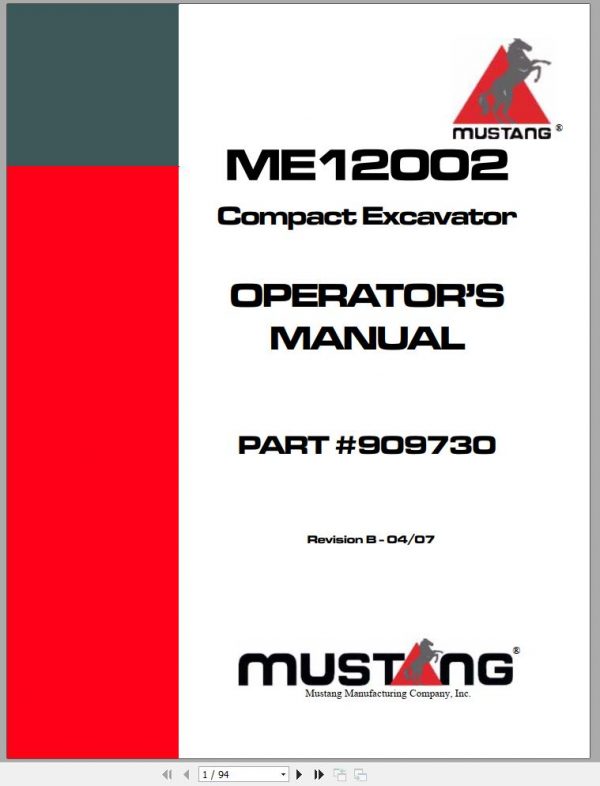 Mustang Compact Excavator 12002 Operators Manual 909730B 04 1