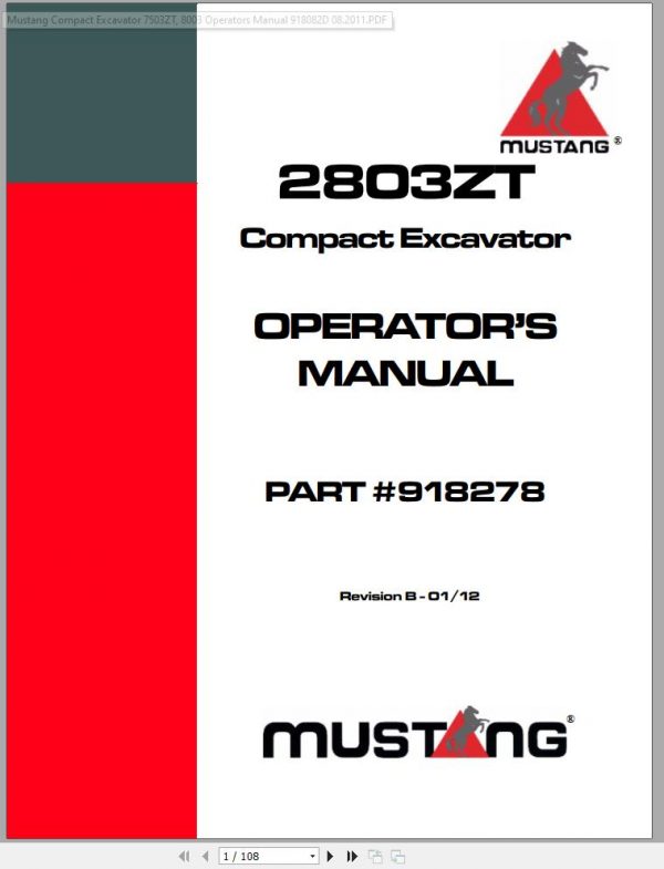 Mustang Compact Excavator 2803ZT Operators Manual 918278B 01 1