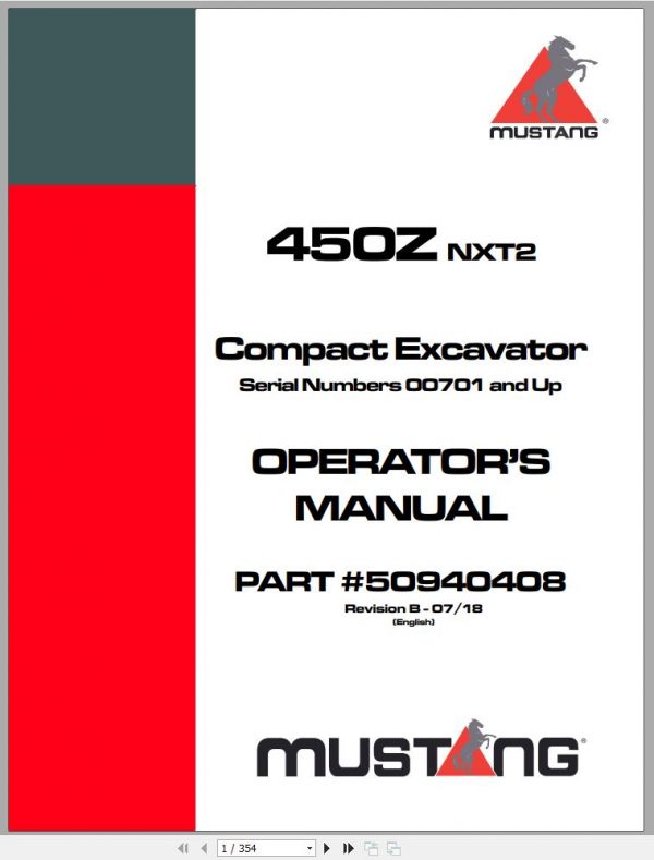 Mustang Compact Excavator 450Z NXT2 SN 00701 and Up Operators Manual 50940408B 07 1