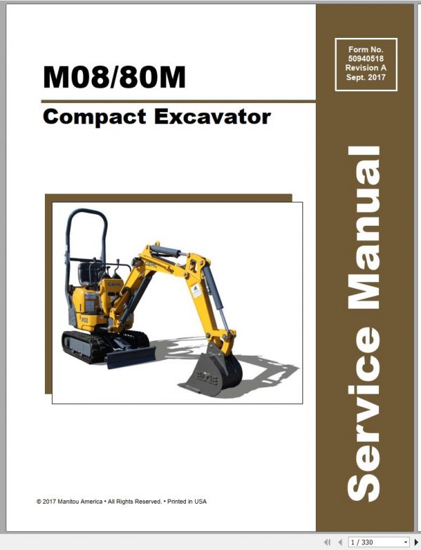 Mustang Compact Excavator M08 80M Service Manual 50940518A 09 1