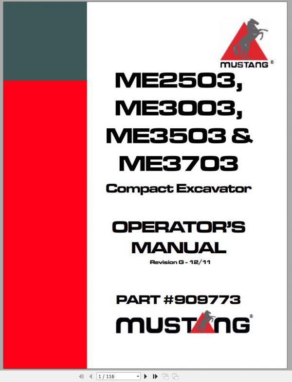 Mustang Compact Excavator ME2503 ME3003 ME3503 ME3703 Operators Manual 909773G 12 1