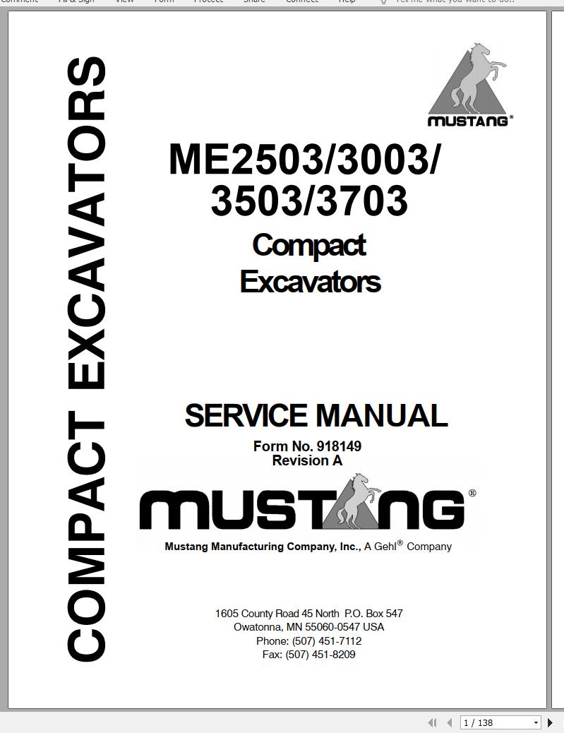 Mustang Compact Excavator ME2503 ME3003 ME3503 ME3703 Service Manual 918149A 1