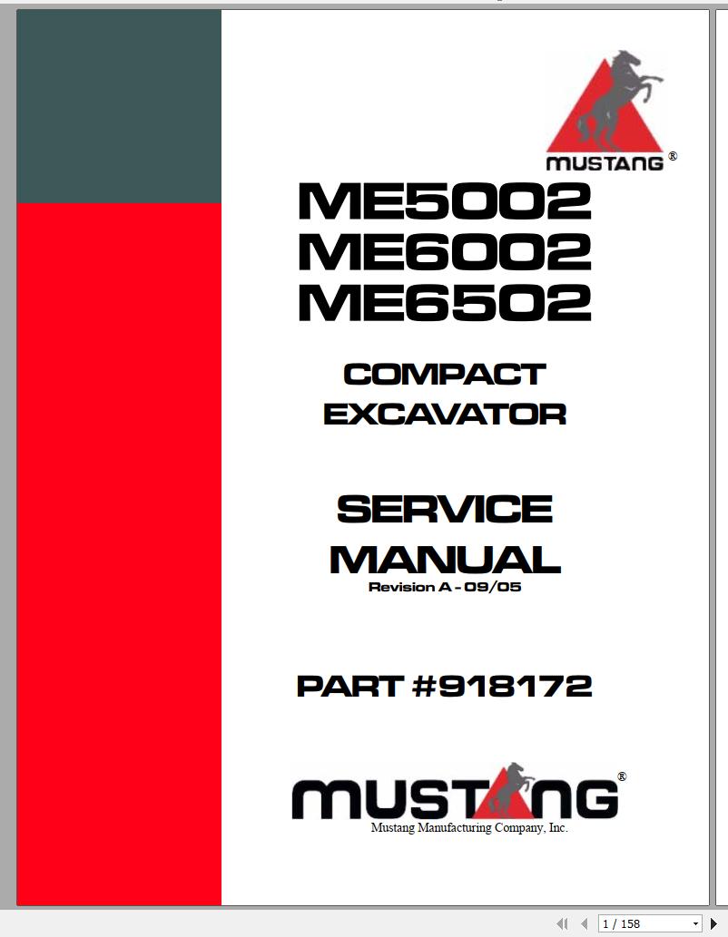 Mustang Compact Excavator ME5002 ME6002 ME6502 Service Manual 918172 09 1