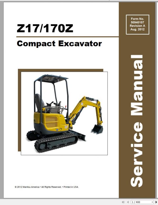 Mustang Compact Excavator Z17 170Z Service Manual 50940107 08 1