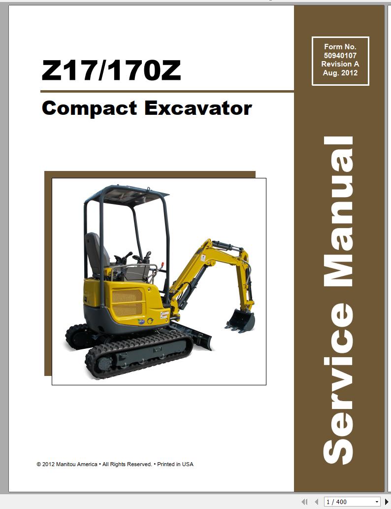 Mustang Compact Excavator Z17 170Z Service Manual 50940107 08 1