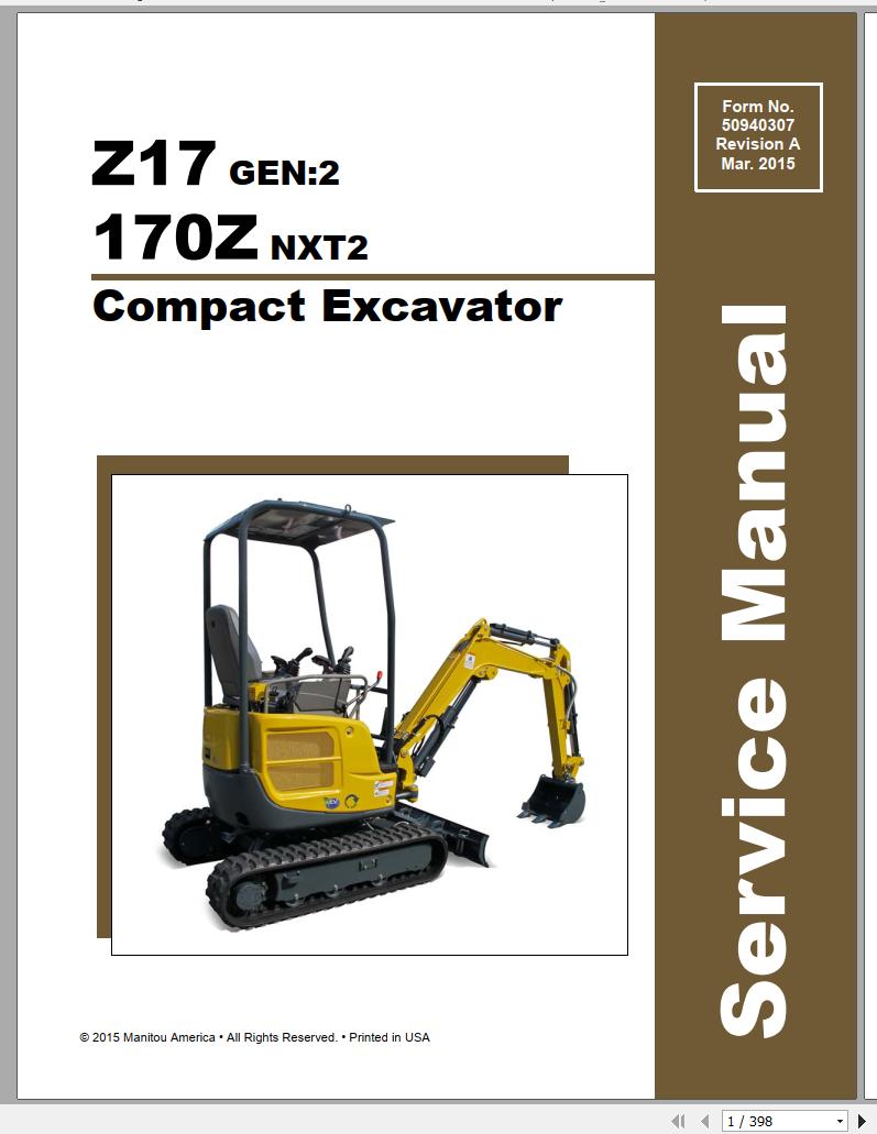Mustang Compact Excavator Z17 GEN2 170Z NXT2 SN 00701 Up Service Manual 50940307A 03 1