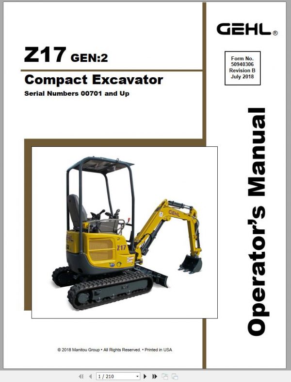 Mustang Compact Excavator Z17 Gen2 S.N 00701 and Up Operators Manual 50940306B 07 1