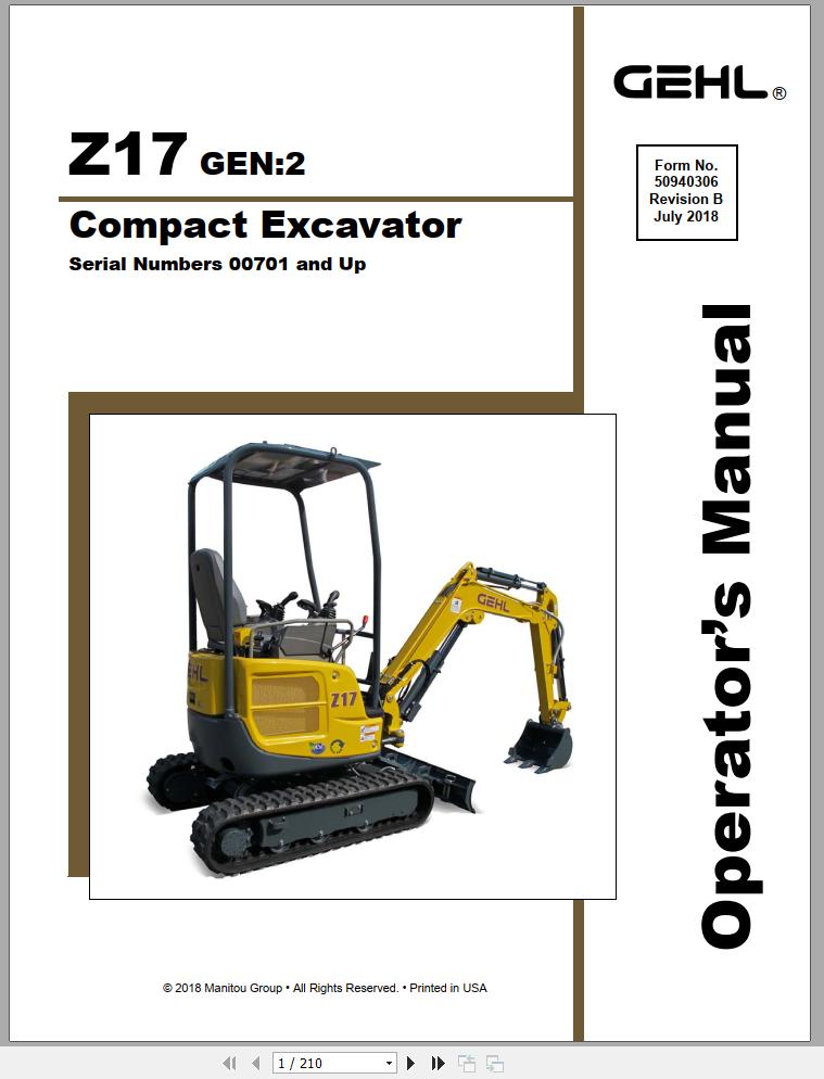 Mustang Compact Excavator Z17 Gen2 S.N 00701 and Up Operators Manual 50940306B 07 1