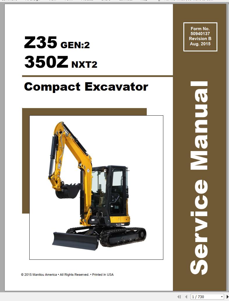 Mustang Compact Excavator Z35 Gen2 350Z NXT2 SN 00701 Up Service Manual 50940137B 08 1