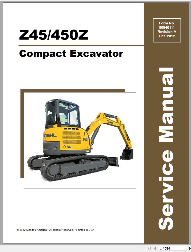 Mustang Compact Excavator Z45 450Z Service Manual 50940111A 10 1