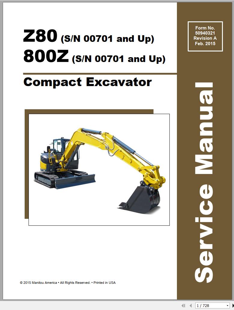 Mustang Compact Excavator Z80 800Z SN 00701 00900 Service Manual 50940321A 02 1