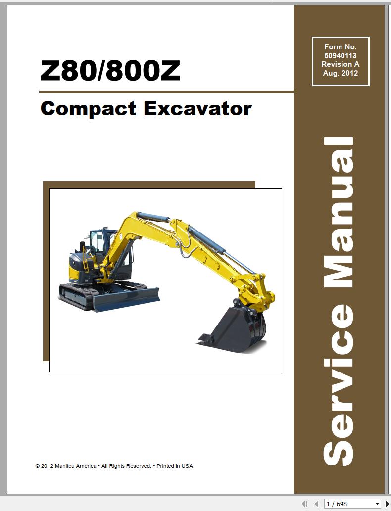 Mustang Compact Excavator Z80 800Z Service Manual SN 00699 and Before 50940113A 08 1