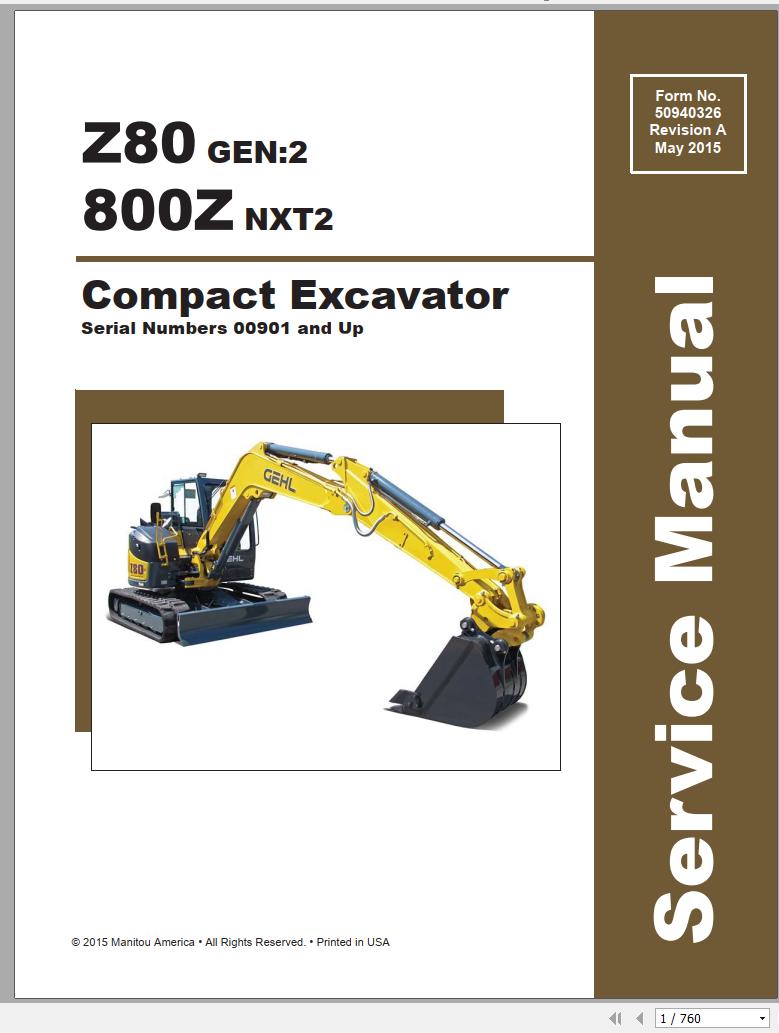 Mustang Compact Excavator Z80 GEN2 800Z NXT2 SN 00901 Up Service Manual 50940326A 05 1