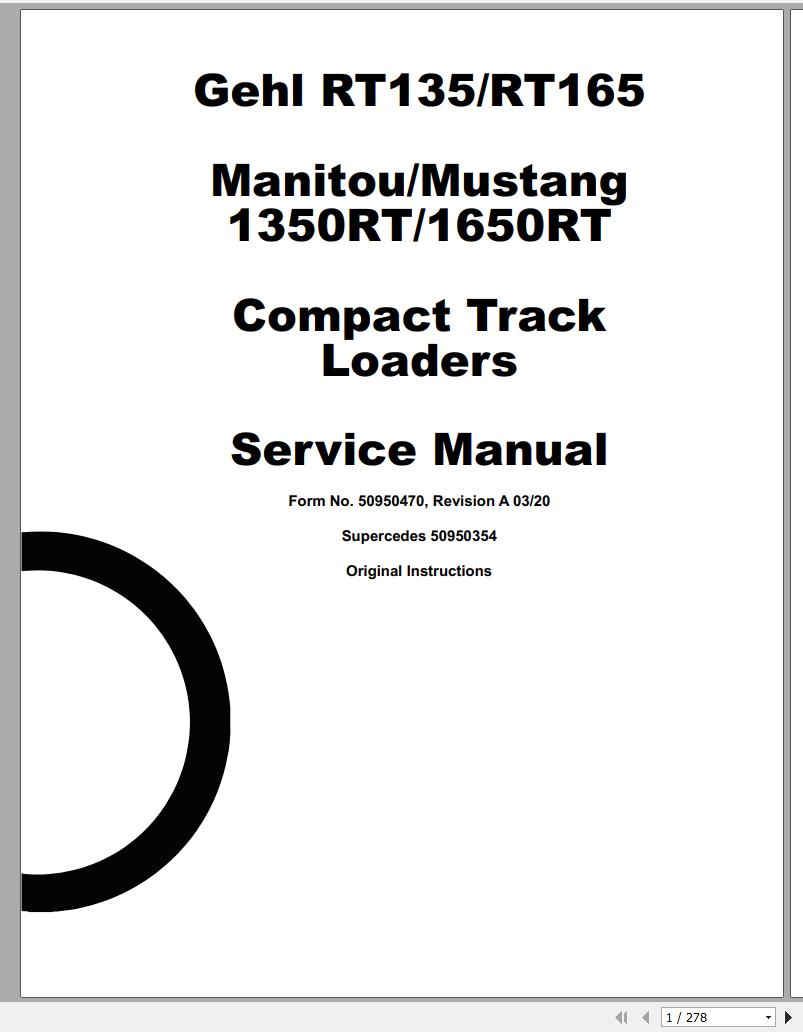 Mustang Compact Track Loader 1350RT 1650RT Service Manual 50950470A 03 1