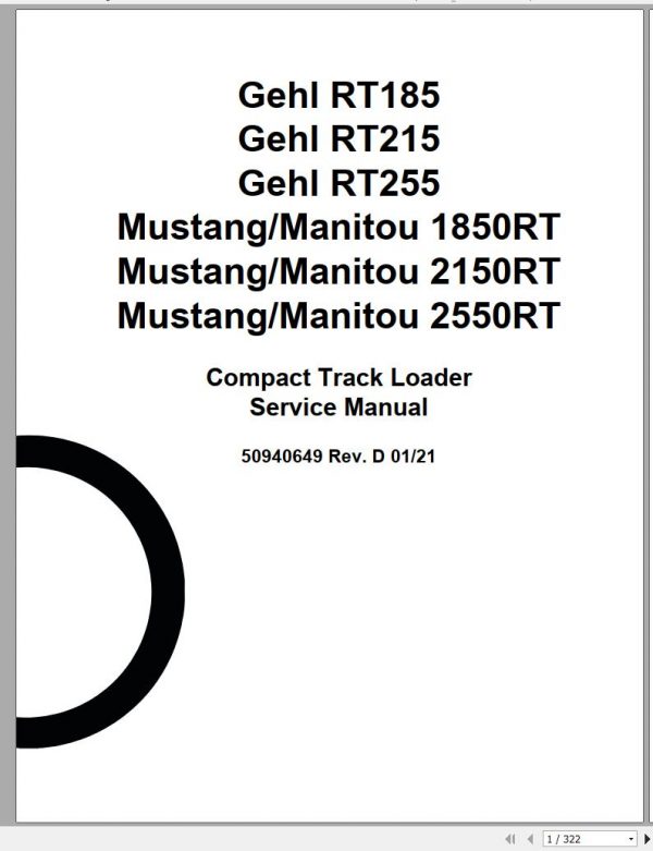 Mustang Compact Track Loader 1850RT 2150RT 2550RT Service Manual 50940649D 01 1