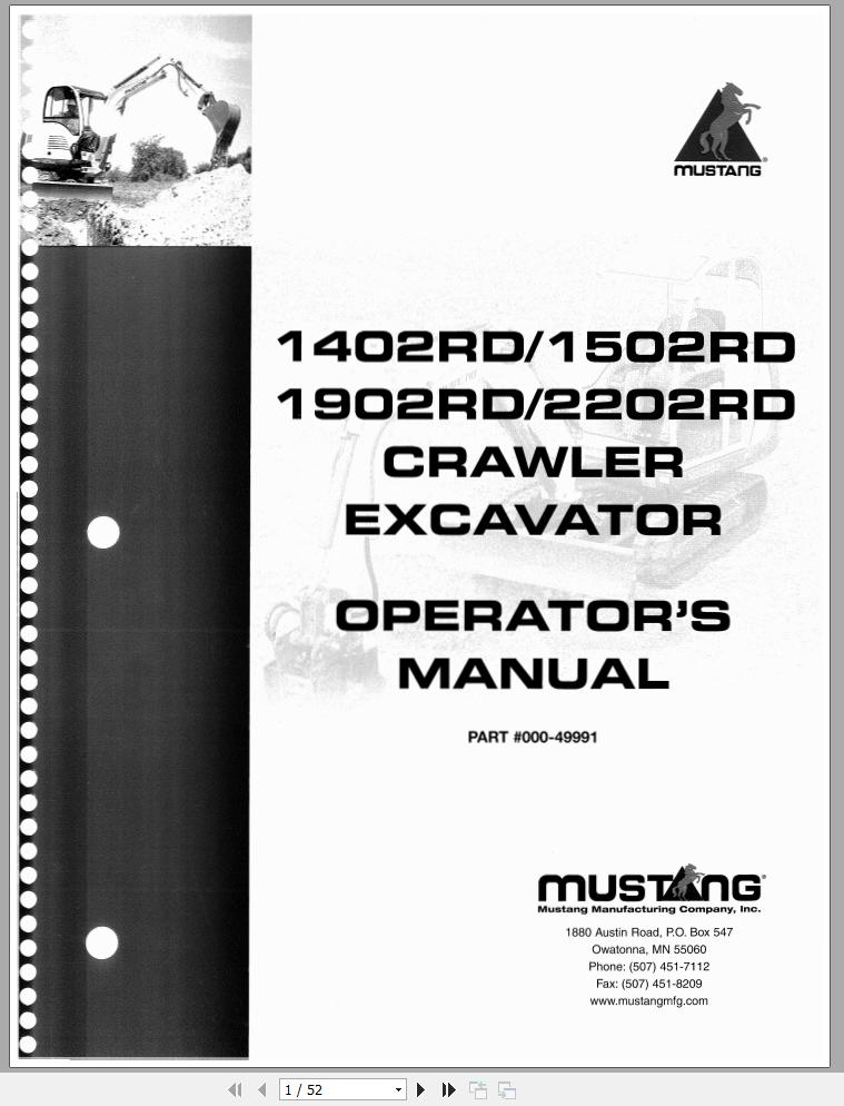 Mustang Crawler Excavator 1402RD 1502RD 1902RD 2202RD Operators Manual 000 49991A 1