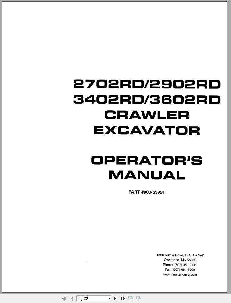 Mustang Crawler Excavator 2702RD 2902RD 3402RD 3602RD Operators Manual 000 59991A 1