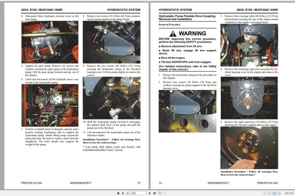 Mustang Skid Steer Loader 1050R R105 Service Manual 50950298A 05 2