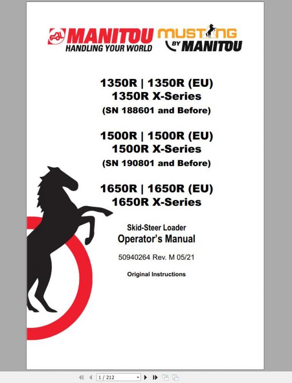 Mustang Skid Steer Loader 1350R 1500R 1650R EU X Series Operators Manual 50940264M 05 1