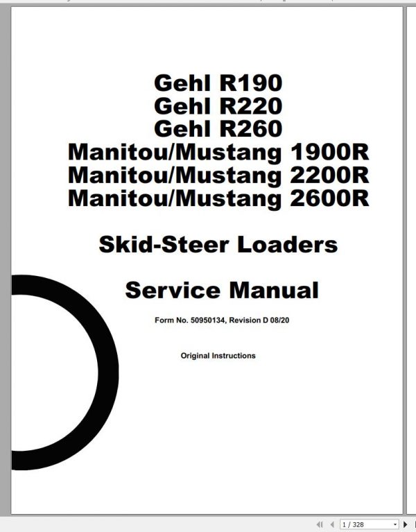 Mustang Skid Steer Loader 1900R 2200R 2600R Service Manual 50950134D 08 1