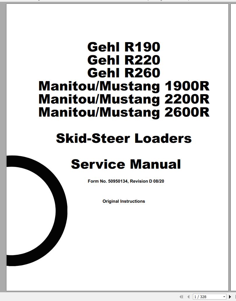 Mustang Skid Steer Loader 1900R 2200R 2600R Service Manual 50950134D 08 1
