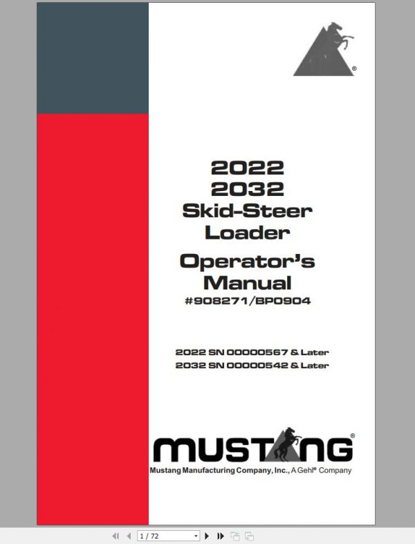 Mustang Skid Steer Loader 2022 2032 Operators Manual 908271B 1
