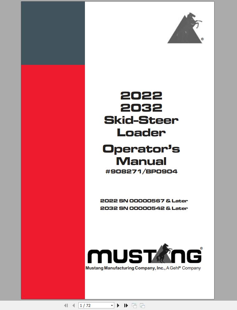 Mustang Skid Steer Loader 2022 2032 Operators Manual 908271B 1